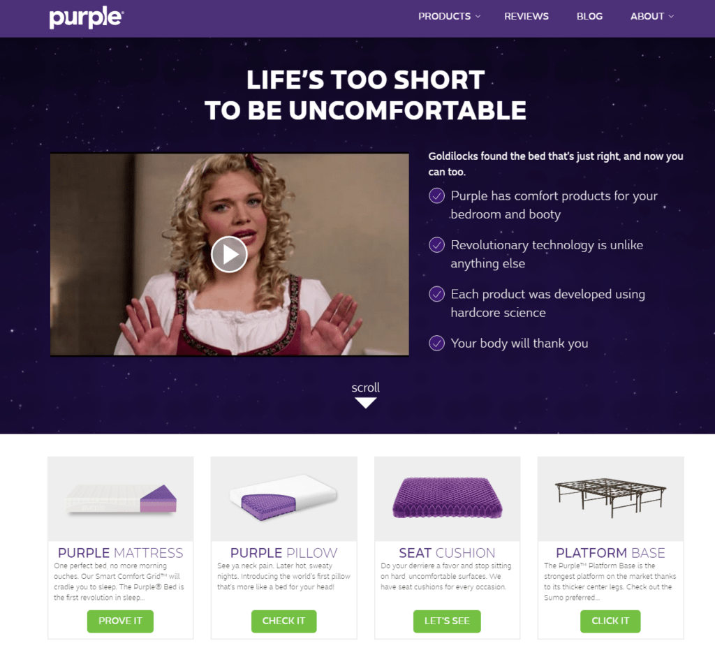 OnPurple.com website - selling Purple mattress, pillow, sheets, protectors, frames, and foundation