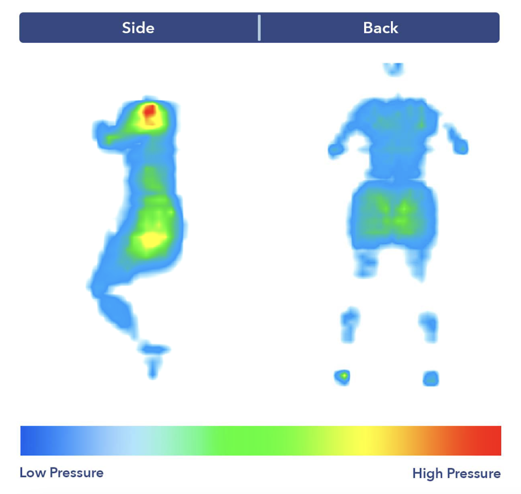 The Minocasa's pressure map results showing red around the shoulder side sleeping and mainly blue for back sleeping.